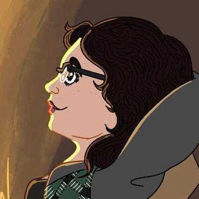 A soft-shaded hip-up portrait of me-ish. White skin, dark brown hair wavy that meets the shoulders and lighter brown eyes framed by black and gold glasses. With a gray trench coat, black undershirt, and gray pants while the person bends closer with a smile